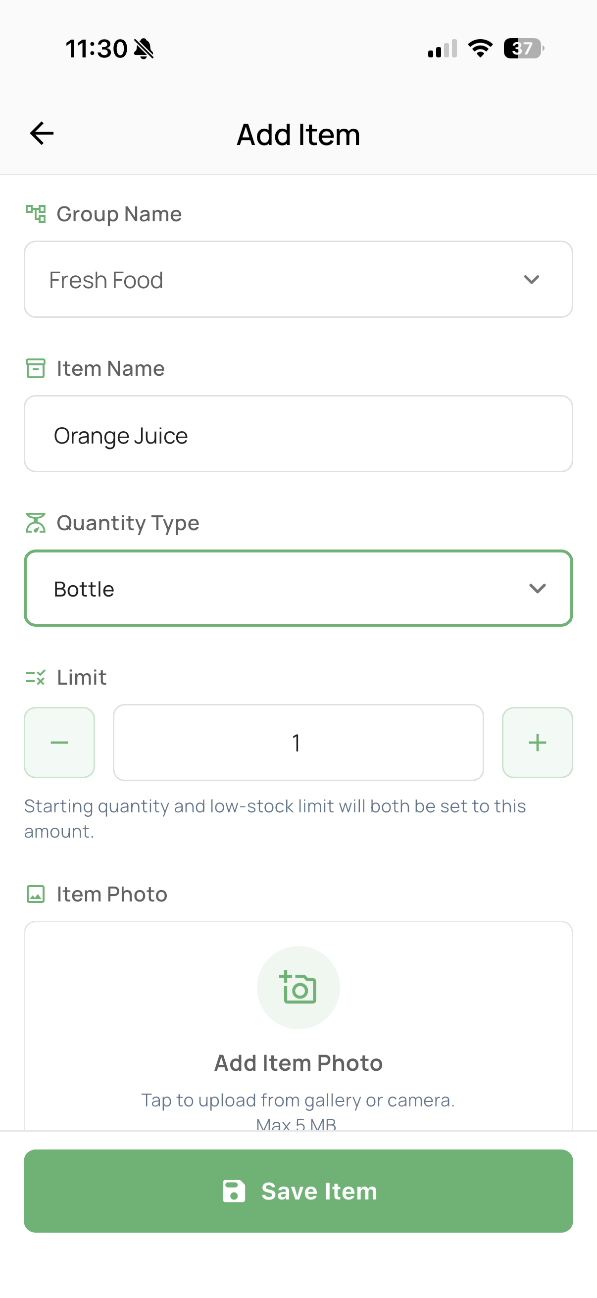 Add item form for milk with bottle quantity type