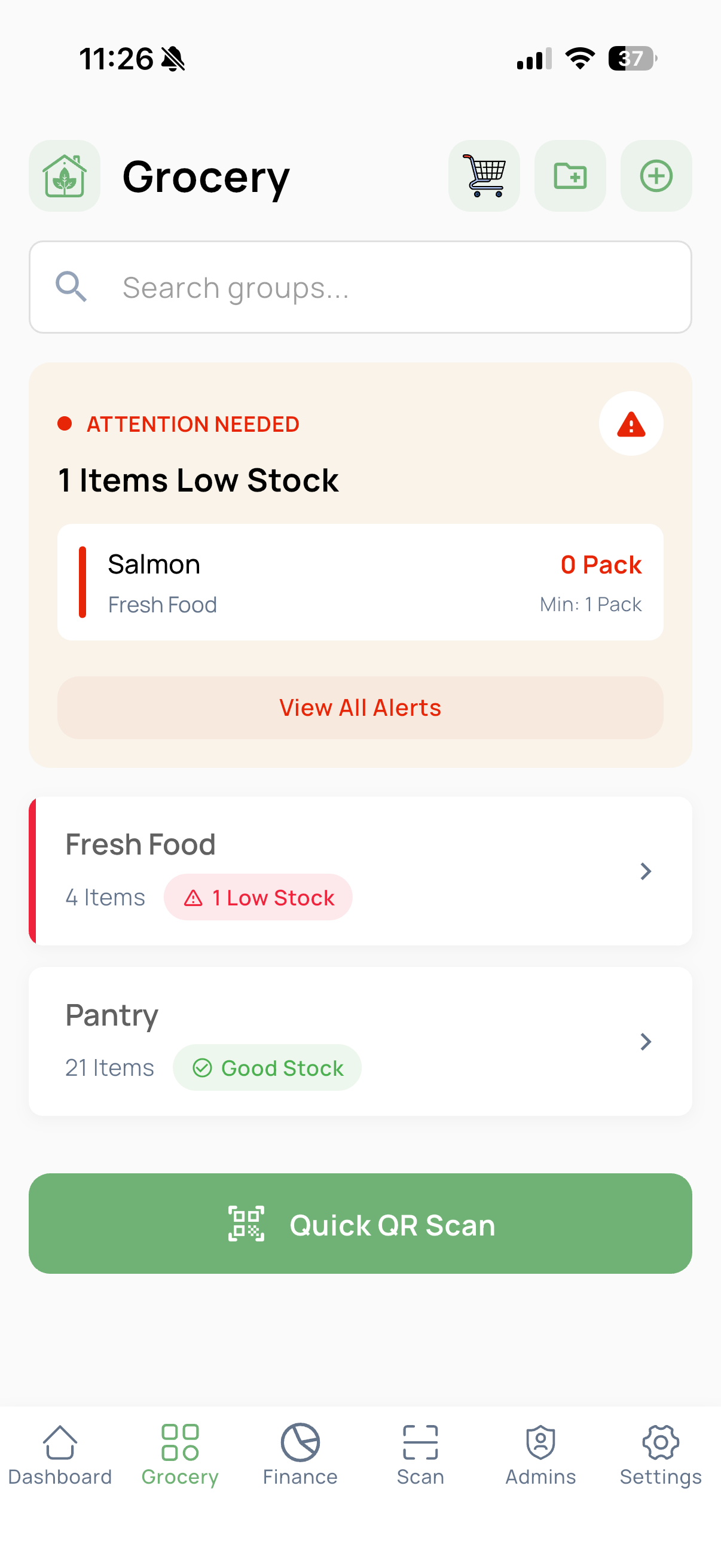 Grocery dashboard with a low-stock alert