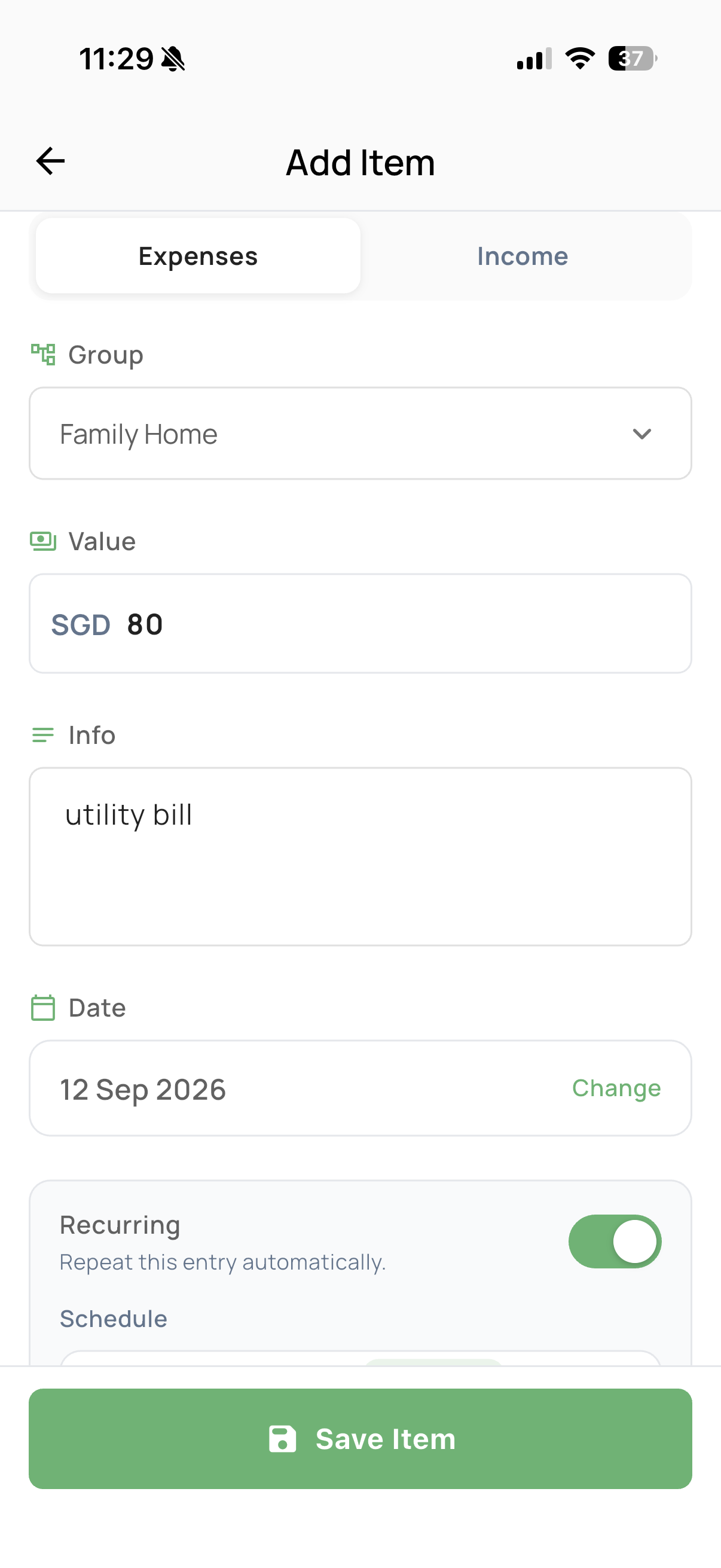 Add expense item for a utility bill